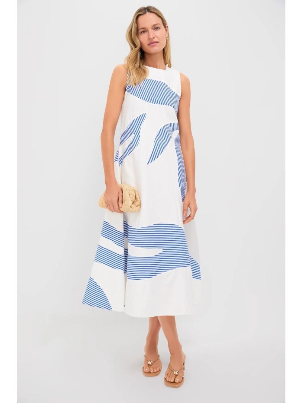 LOVE BIRDS Striped Plantscape Dress Ivory Linear Cobalt Blue Size Large NWT - Picture 2 of 9